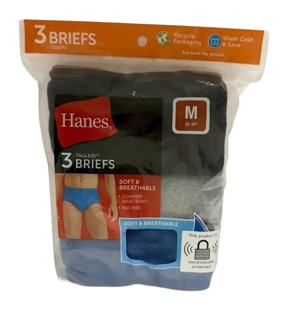 Hanes Men’s Briefs 3 Pack Size M 32-34 Tagless Soft Breathable Mid Rise New
